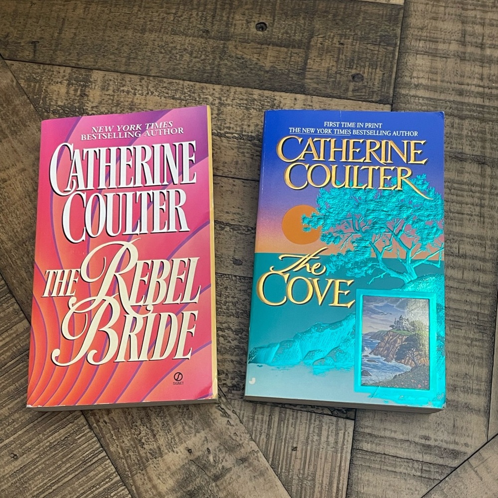 two vintage paperbacks by Catherine Coulter: The Rebel Bride and The Cove.